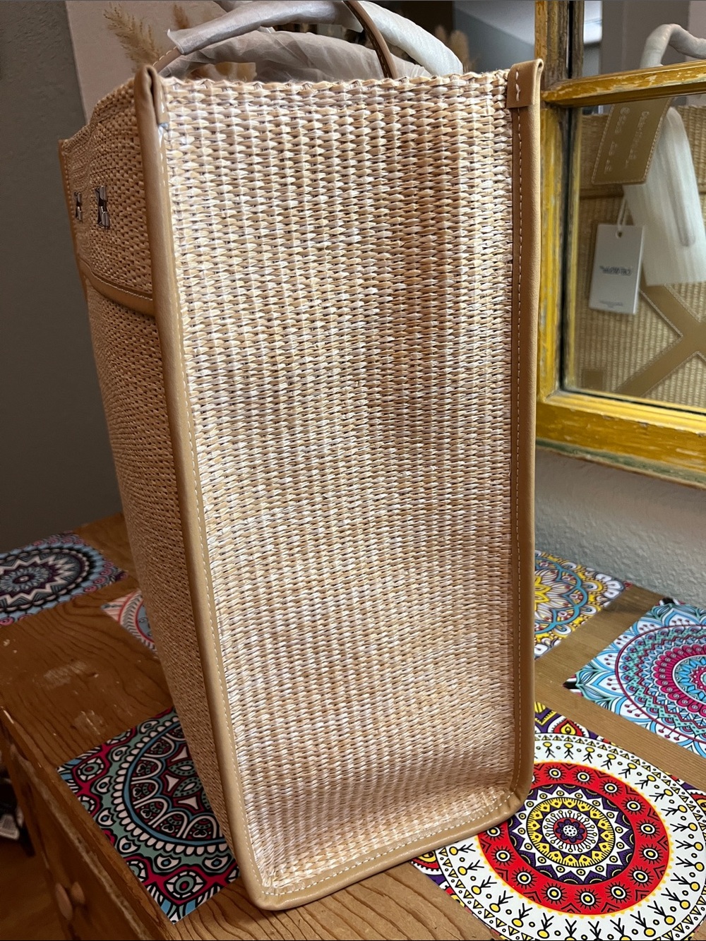 NWT Off-White Natural Wicker Tote with Tan Arrow Logo - Picture 4 of 8